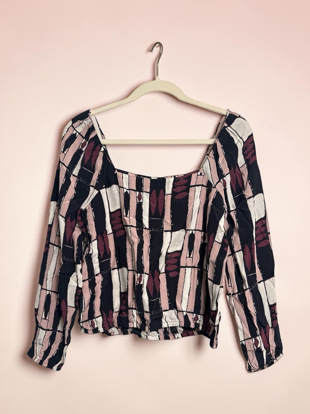 Square-Neck Geometric Peasant Blouse in Black & Pink
